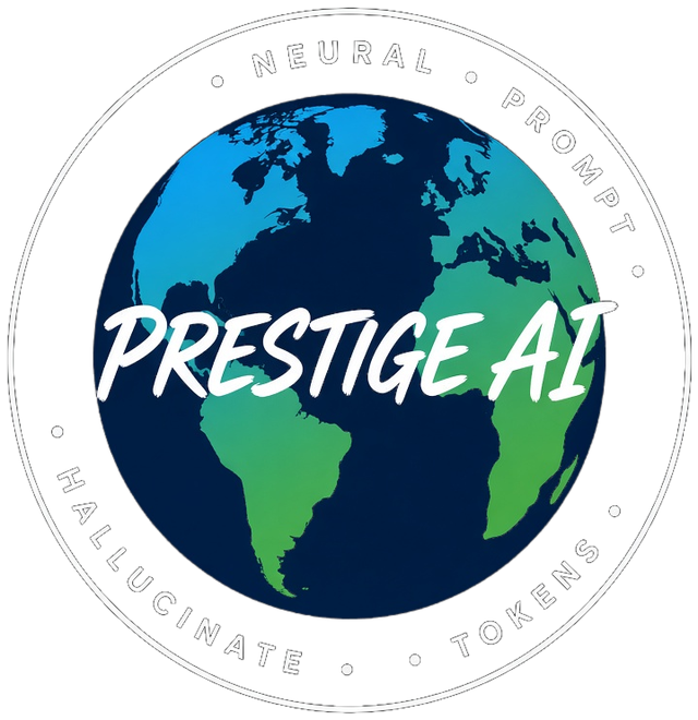 A Prestige Worldwide badge mark reading Neural, Prompt, Hallucinate, Tokens around a globe.